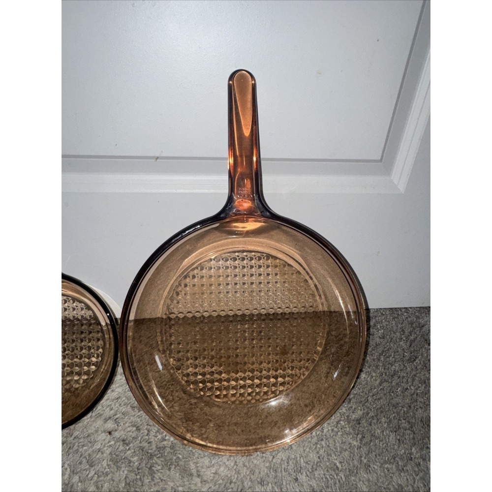 Vtg Corning Ware Visions Glass Amber Waffle Bottom Fry Pan Skillets 10.5" & 7" - Picture 4 of 9